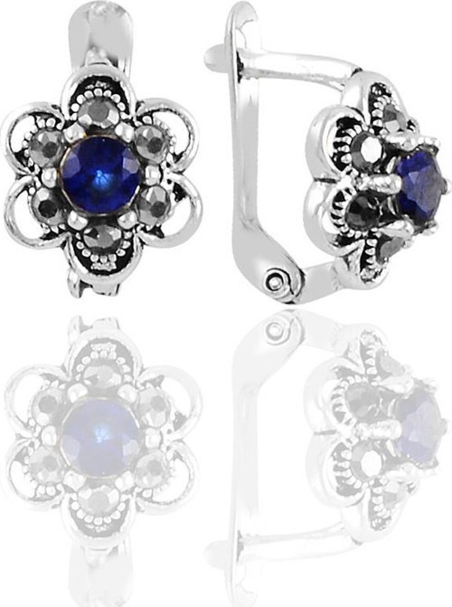 Gümüş markazit ve safir taşlı çiçek modeli küpe