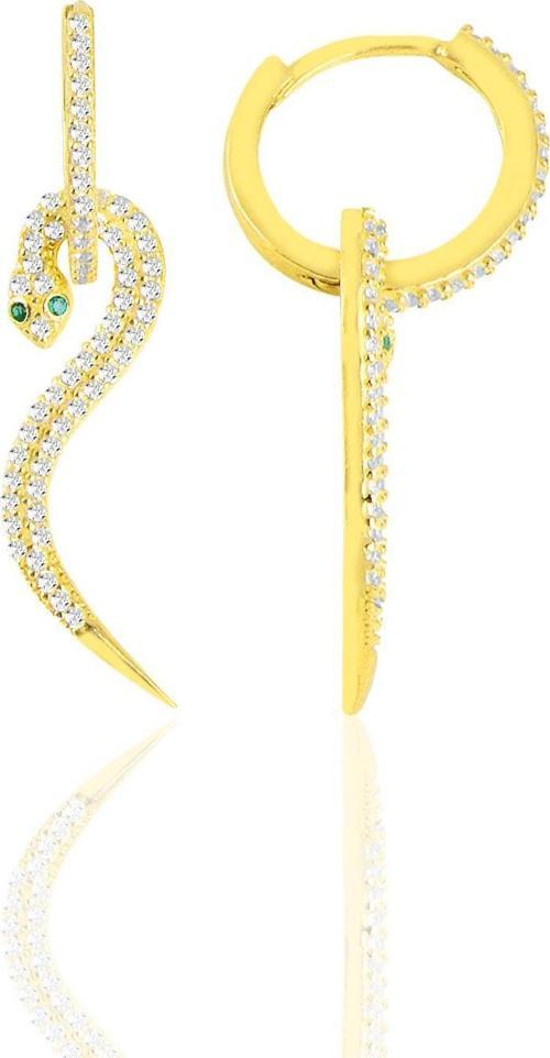 Gümüş altın yaldızlı zirkon taşlı  14 mm halkalı tasarım yılan küpe 