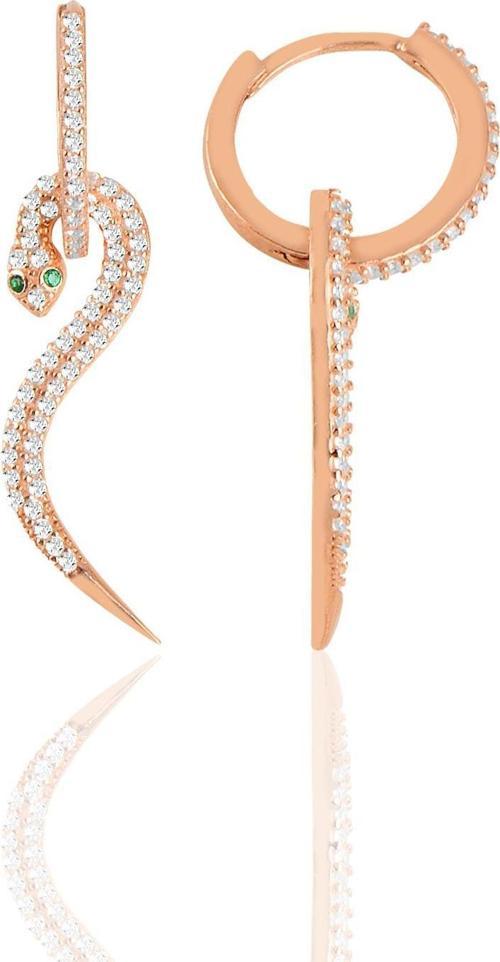Gümüş rose zirkon taşlı  14 mm halkalı tasarım yılan küpe 