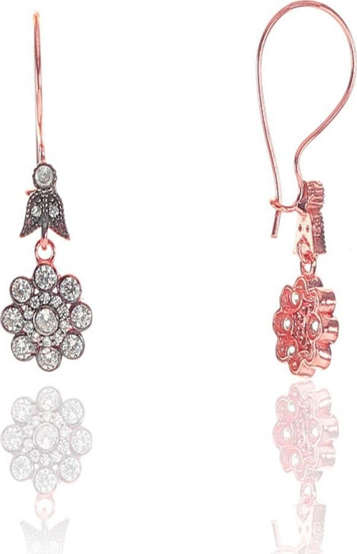 Gümüş rose zirkon taşlı elmas montürlü çiçek modeli küpe
