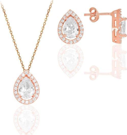 Gümüş rose zirkon taşlı damla modeli ikili set 