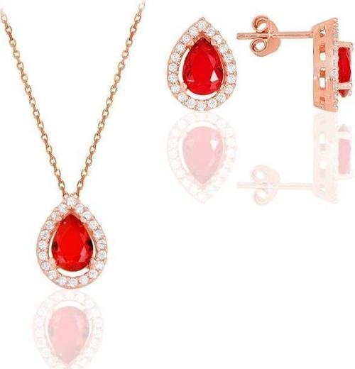 Gümüş rose kırmızı taşlı damla modeli ikili set 