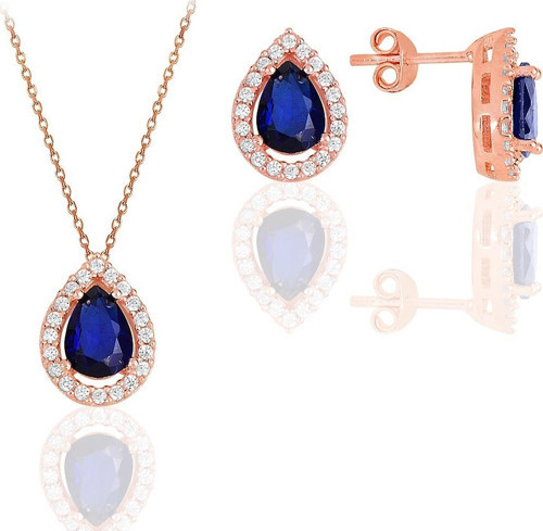 Gümüş rose safir taşlı damla modeli ikili set