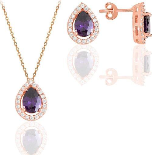 Gümüş rose ametis taşlı damla modeli ikili set 