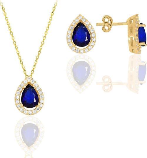 Gümüş altın yaldızlı safir taşlı damla modeli ikili set 