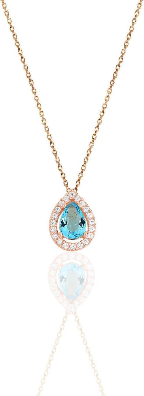Gümüş rose akuamarin taşlı damla modeli kolye