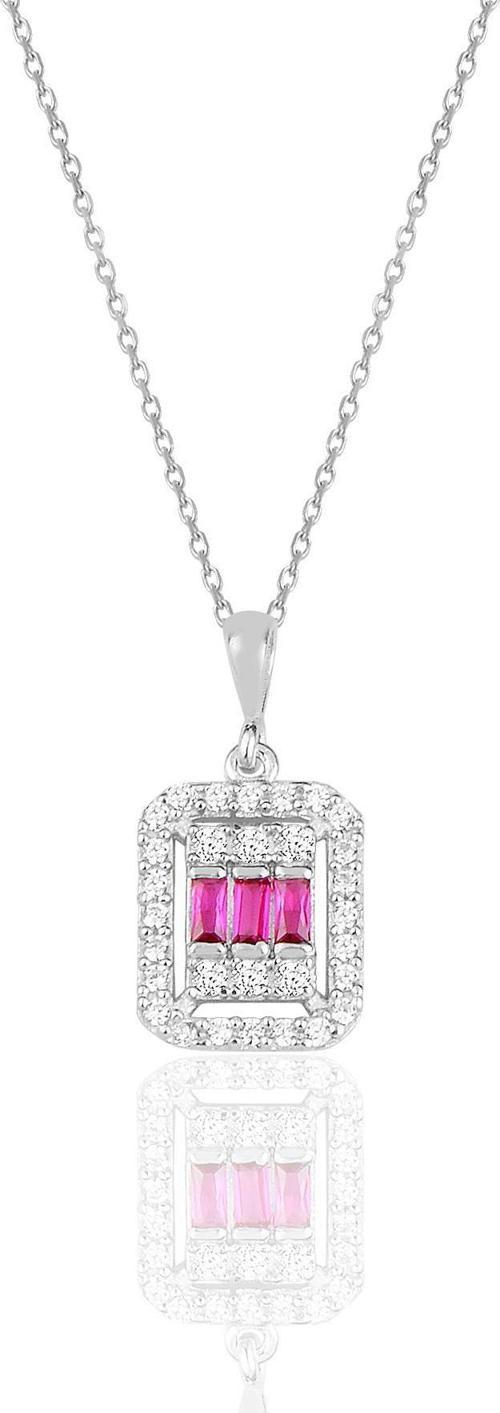 Gümüş beyaz altın rodyumlu baget kesim kök yakut taşlı çizgili kolye 