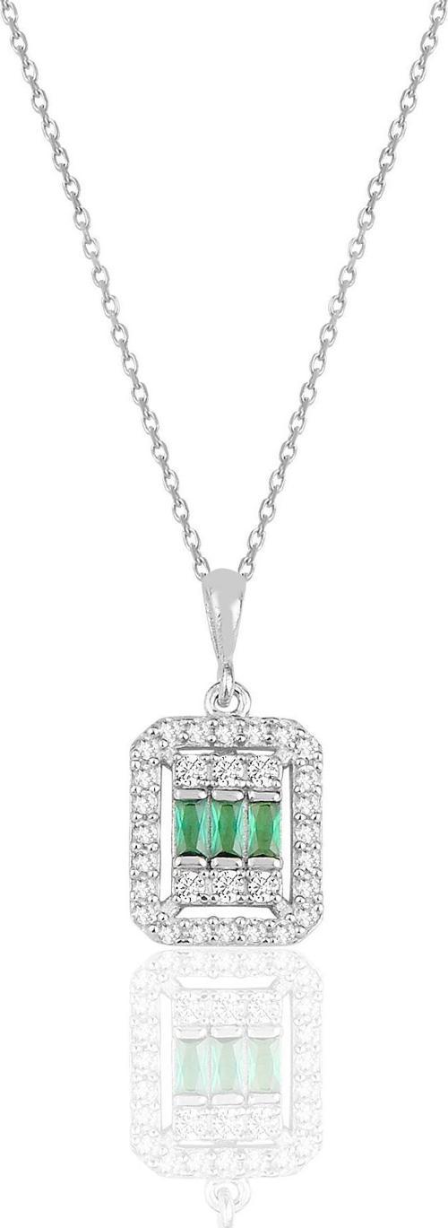 Gümüş beyaz altın rodyumlu baget kesim kök zümrüt taşlı çizgili kolye 
