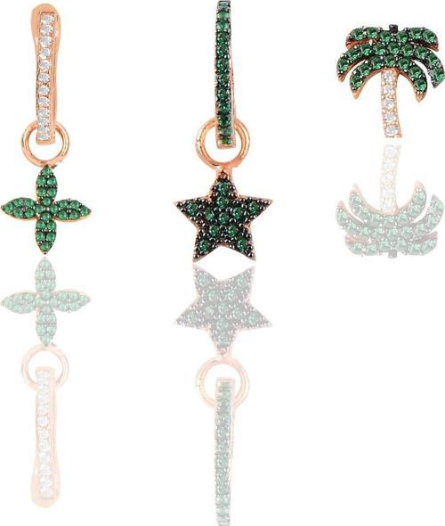Gümüş rose yeşil taşlı yıldız yonca ve palmiye Kombin Üçlü Küpe Seti