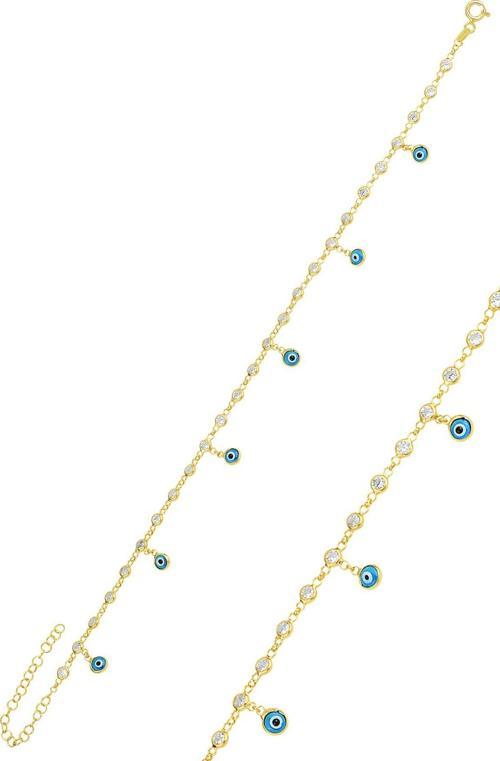 Gümüş altın yaldızlı zirkon taşlı cam göz sallantılı halhal 