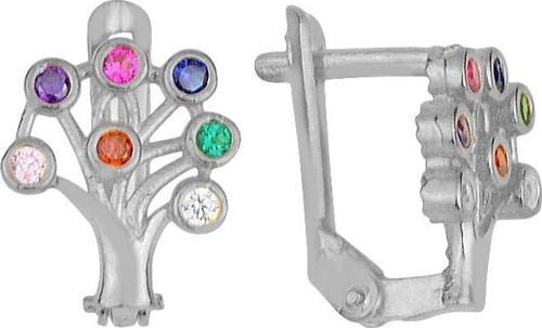 Gümüş, renkli taşlı j model hayat ağacı küpe