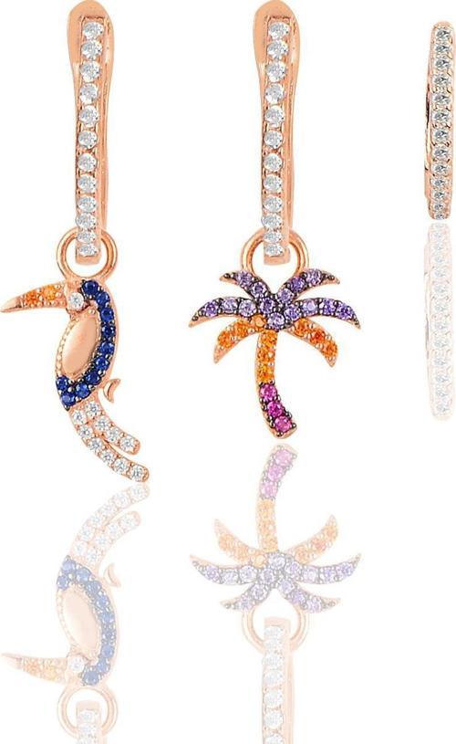 Gümüş rose renkli taşlı palmiye,papağan kombin üçlü küpe seti 