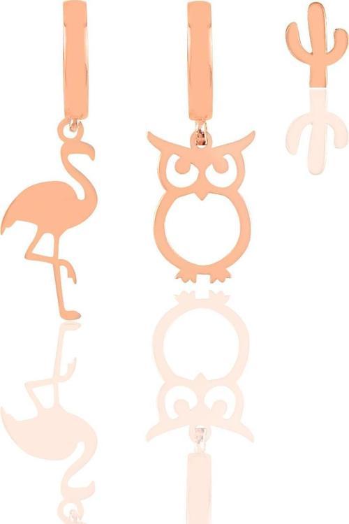 Gümüş rose flamingo baykuş ve kaktüs kombin üçlü küpe seti