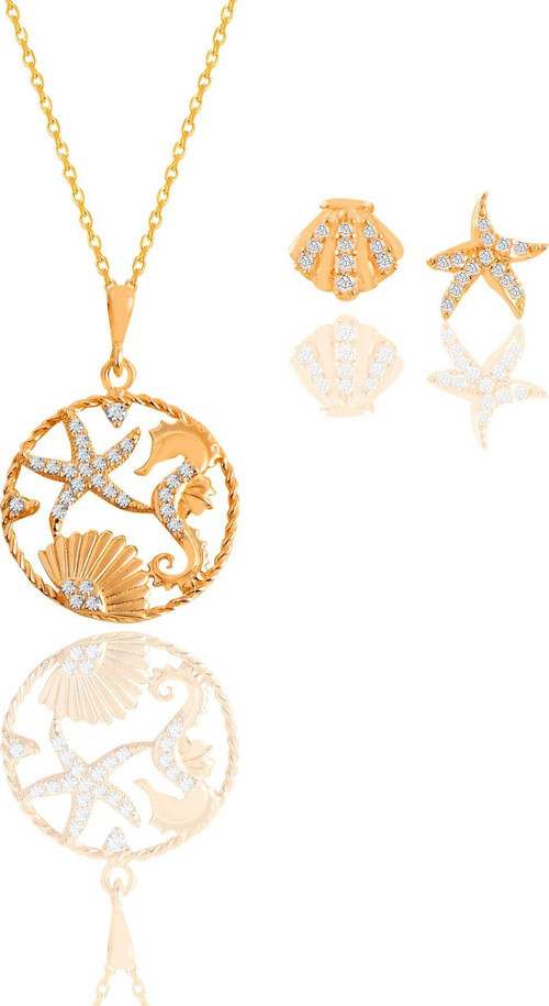 Gümüş rose zirkon taşlı deniz şans kolye ve küpe ikili set