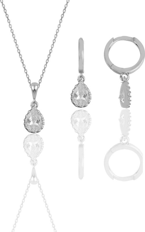 Gümüş rodyumlu zirkon taşlı kolye ve küpe ikili set