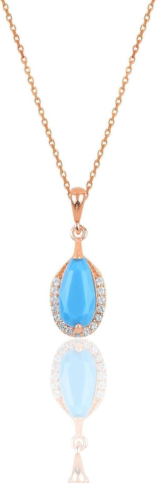 Gümüş rose turkuaz ve zirkon taşlı damla modeli kolye 