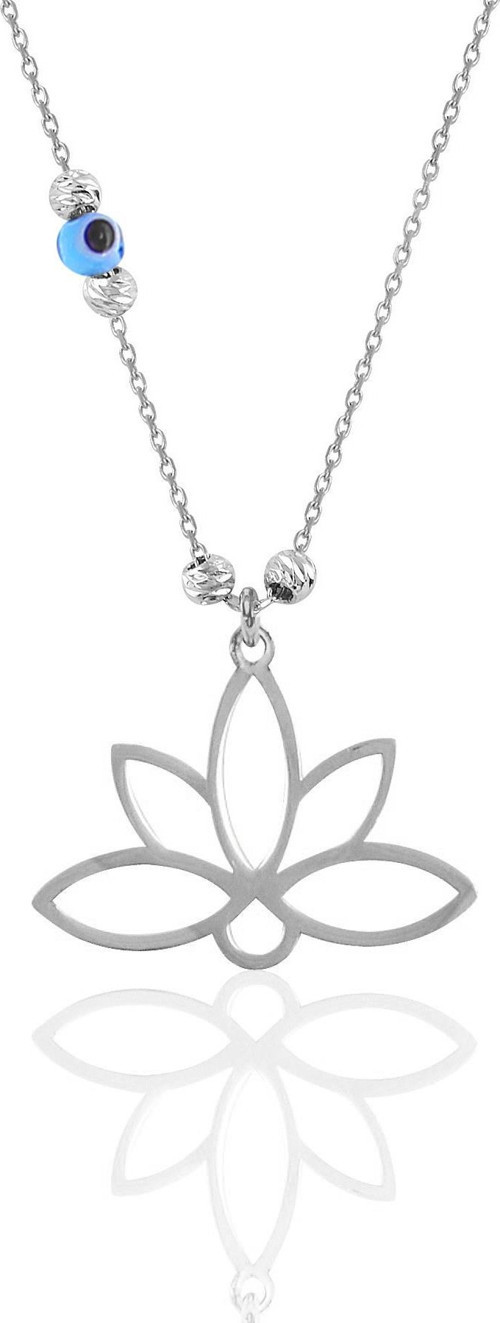 Gümüş rodyumlu nazarlı dorica sonsuz yaşamın simgesi lotus kolye