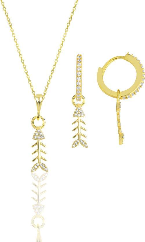 Gümüş altın yaldızlı zirkon taşlı balık kılçığı modeli kolye ve küpe ikili set 