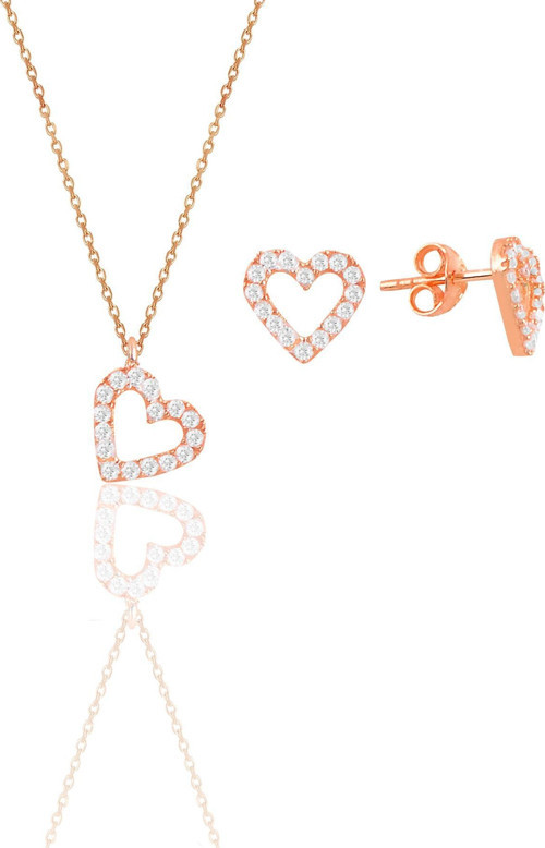 Gümüş rose zirkon taşlı kalp kolye ve küpe ikili set