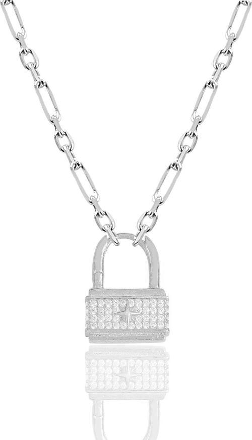 Gümüş rodyumlu zirkon taşlı figaro zincirli kilit kolye