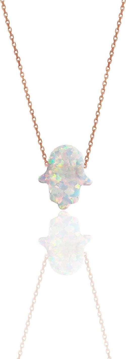 Gümüş rose fatma ana eli beyaz opal taşlı kolye  