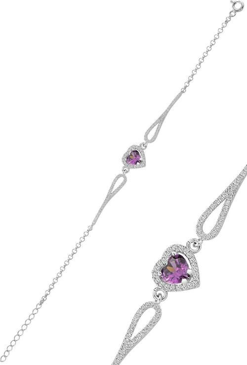 Gümüş rodyumlu mor taşlı pırlanta modeli kalp bileklik 