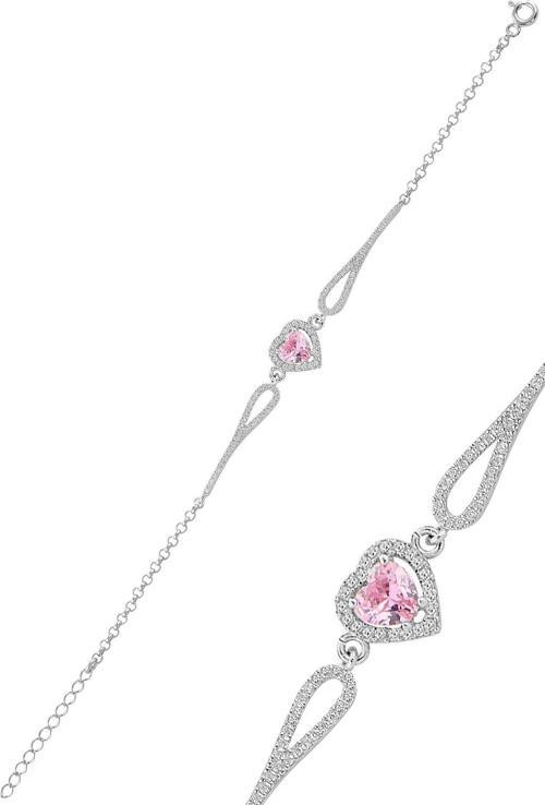 Gümüş rodyumlu pembe zirkon taşlı pırlanta modeli kalp bileklik