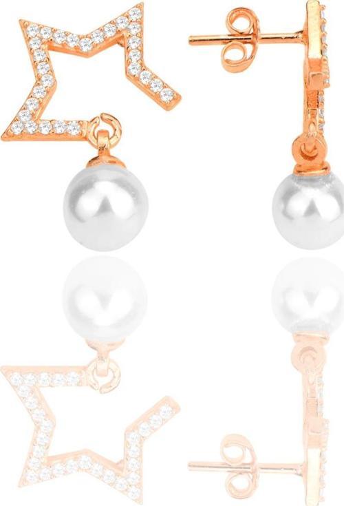 Gümüş rose zirkon taşlı,inci sallantılı yarım yıldız küpe 