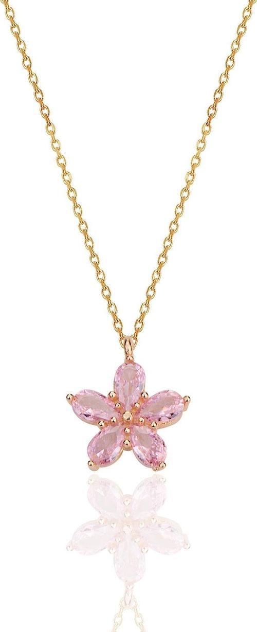 Gümüş rose damla kesim pembe taşlı çiçek kolye 