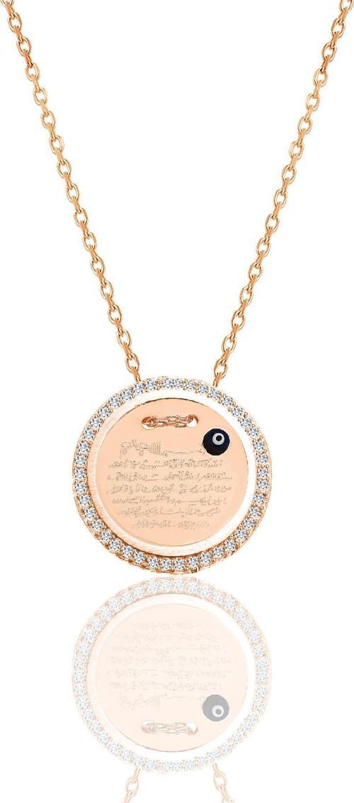 Gümüş rose zirkon taşlı Ayetel Kürsi yazılı nazarlı plaka kolye