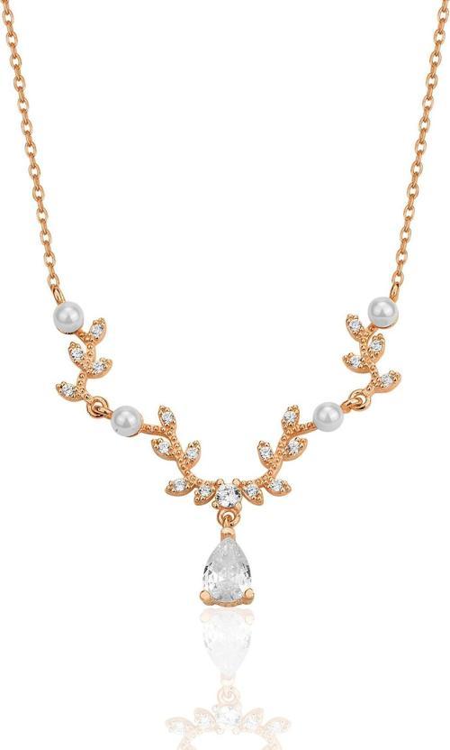 Gümüş rose inci ve zirkon taşlı yaprak firgürlü prenses kolye