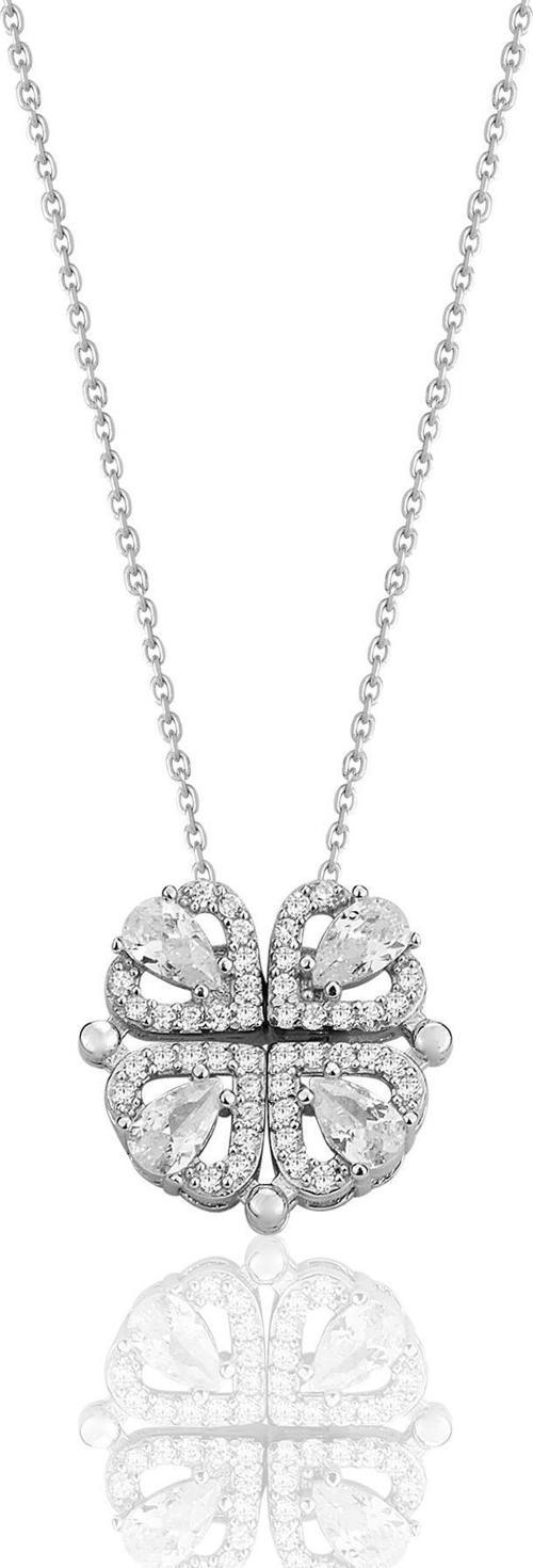 925 ayar gümüş rodyumlu drop kesim zirkon taşlı mıknatıslı açılır kapanır yonca kolye. 