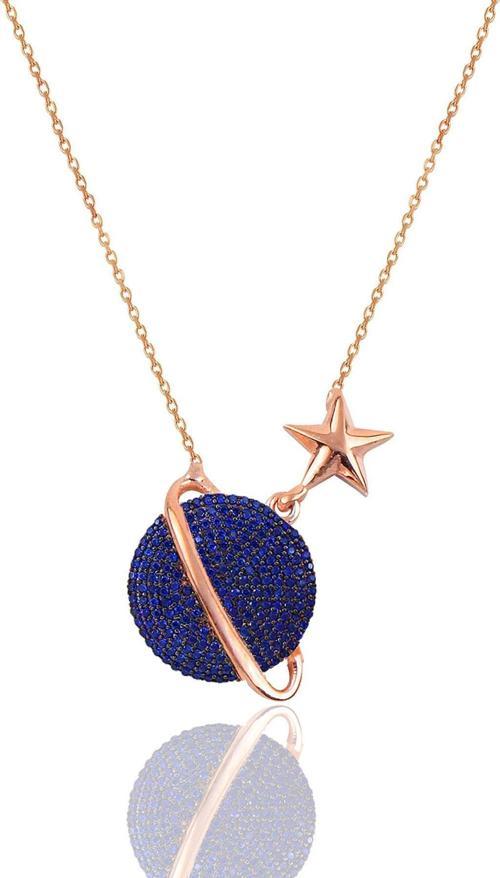 Gümüş rose safir taşlı satürn gezegen kolye 