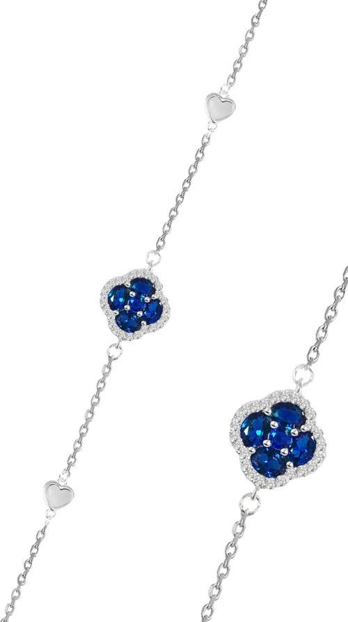 Gümüş rodyumlu sedef,safir ve zirkon taşlı şanslı kalpler yonca bileklik 