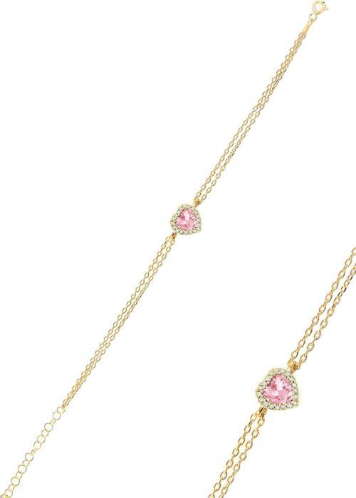 Gümüş Altın Yaldızlı Pırlanta Modeli Pembe Zirkon Taşlı Kalp Bileklik 