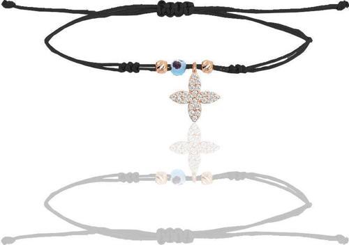 Gümüş rose zirkon taşlı nazarlı dört yapraklı yonca siyah ipli şans bileklik 