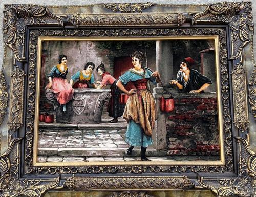 Geleneksel Çeşme Aşkı Temalı İran Tebriz Halı Tablo 98x78cm - Duvar Halı Kilim Tablo
