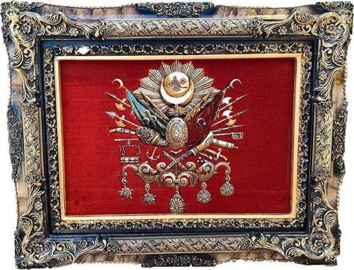 Osmanlı Devlet Arması Halı Kilim Tablo 95x75cm Kırmızı - İran Tebriz Halı Tablo