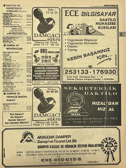 Ankara 1986 Meslek Reklam İlanı Efemera S99