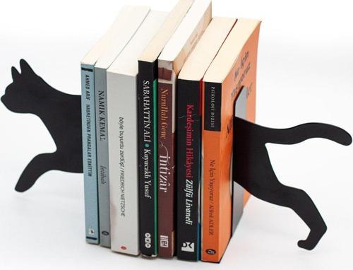 Kedi Figürlü Dekoratif Metal Kitap Tutucu, Kitap Desteği Siyah