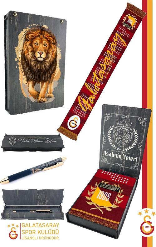 Orijinal Lisanslı Akrilik Galatasaray Atkı ve Hybrt Tükenmez Kalem Set Ahşap Kutulu