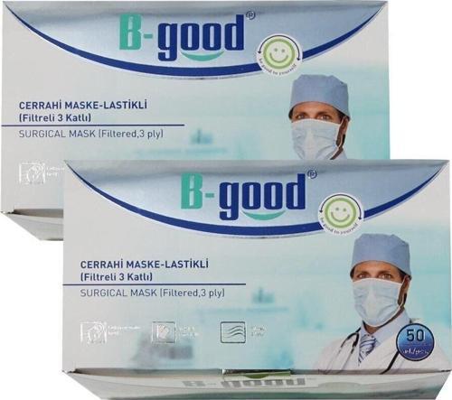 2 Kutu Filtreli 3 Katlı Lastikli Cerrahi Maske ( 100 Adet Tek Tek Ambalajlı)