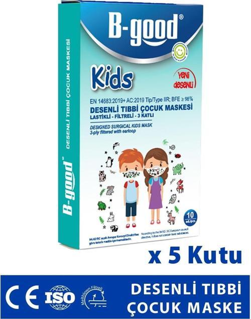 5 Kutu 10'Lu Paket Desenli Çocuk Maskesi