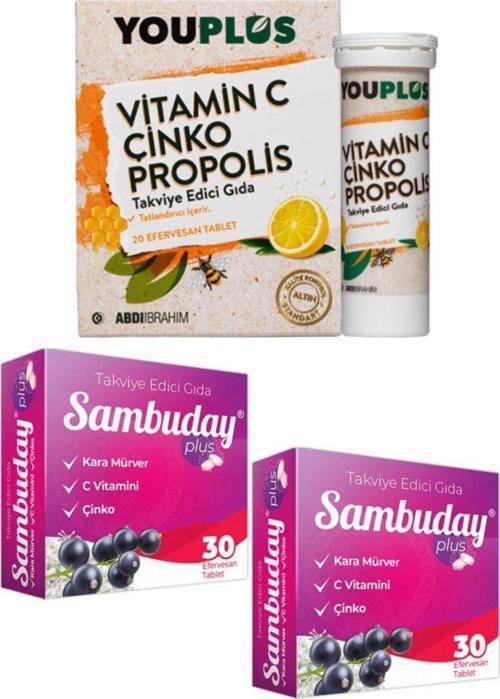 Vitamin C, Çinko, Propolis 20 Efervesan Tablet + Sambuday Plus Efervesan 30 Tablet - 2 Adet