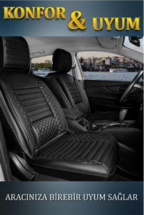 Chevrolet Aveo Lüx Deri Oto Koltuk Kılıfı Ön Arka Takım Set Safir Serisi TAM SİYAH