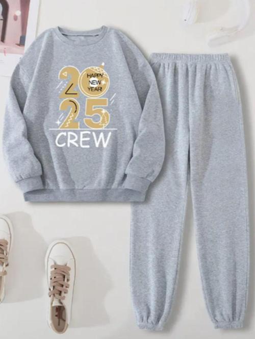 Yılbaşı Temalı 2025 Baskılı Unisex Bisiklet Yaka Şardonlu Oversize Eşofman Takımı Gri L