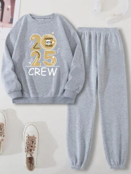 Yılbaşı Temalı 2025 Baskılı Unisex Bisiklet Yaka Şardonlu Oversize Eşofman Takımı Gri M