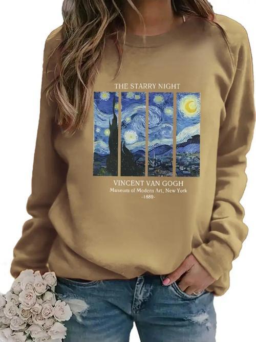 Van Gogh Yıldızlı Gece Baskılı Unisex Bisiklet Yaka Sweatshirt Bej XL