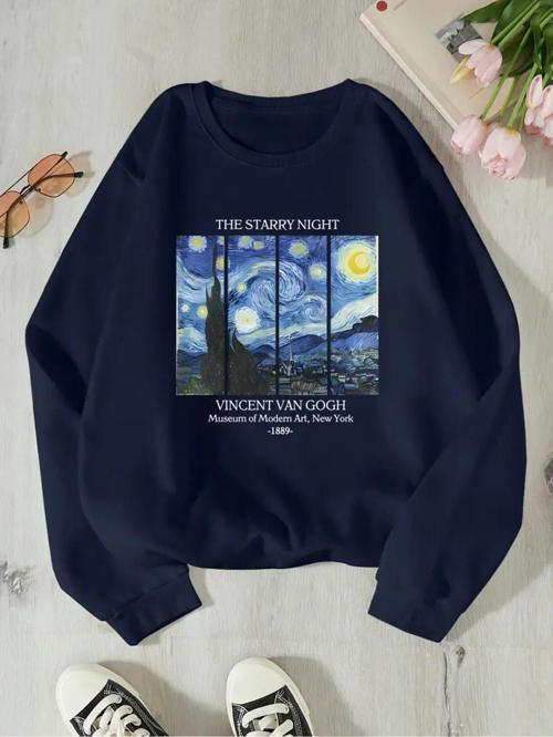Van Gogh Yıldızlı Gece Baskılı Unisex Bisiklet Yaka Sweatshirt Lacivert L