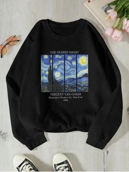 Van Gogh Yıldızlı Gece Baskılı Unisex Bisiklet Yaka Sweatshirt Siyah S